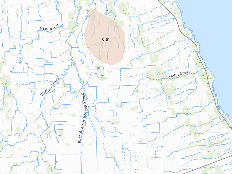 Radar-estimated hail-size map of the storm over Port Hope, MI on Aug 3, 2026