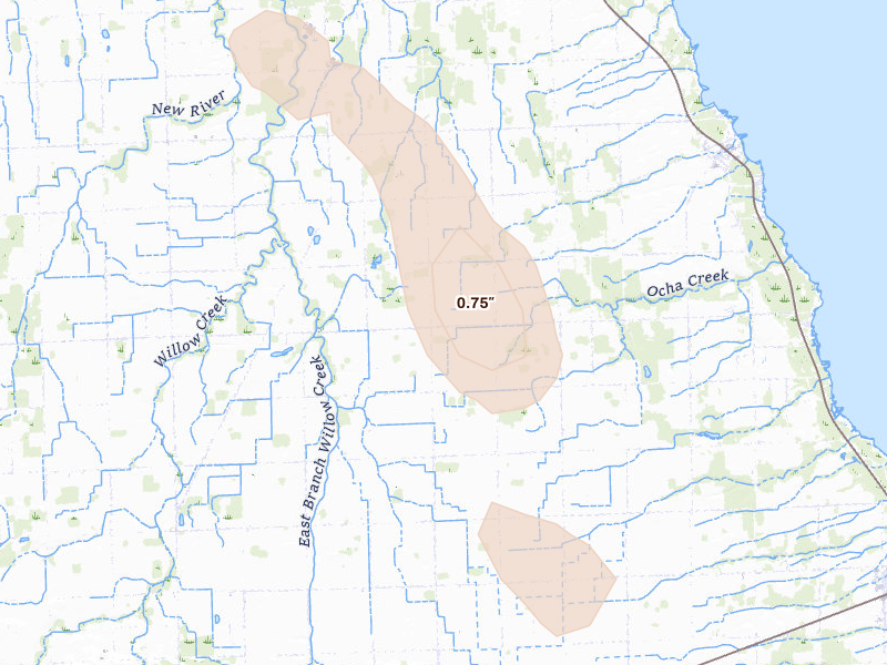 Radar-estimated hail-size map of the storm over Port Hope, MI on Aug 13, 2026