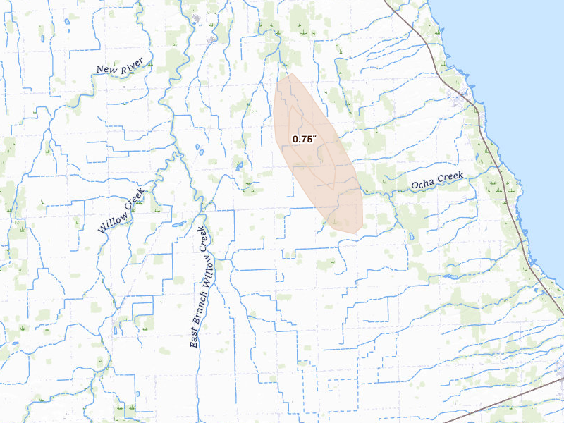Radar-estimated hail-size map of the storm over Port Hope, MI on Aug 14, 2026