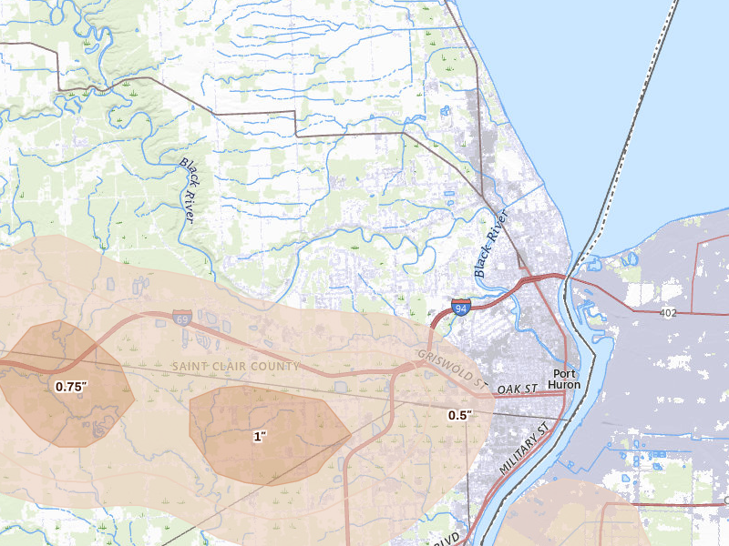 Radar-estimated hail-size map of the storm over Port Huron, MI on Sep 2, 2026