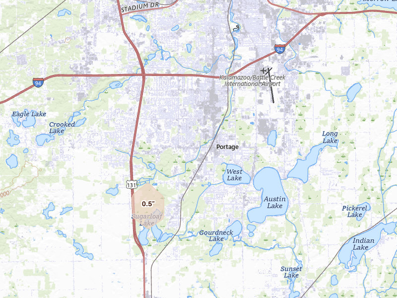 Radar-estimated hail-size map of the storm over Portage, MI on Jul 2, 2026