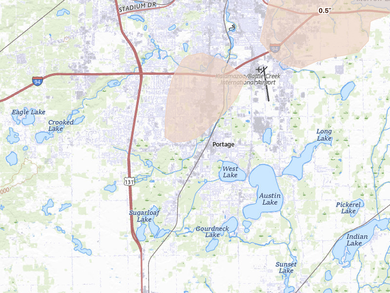 Radar-estimated hail-size map of the storm over Portage, MI on Jul 3, 2026