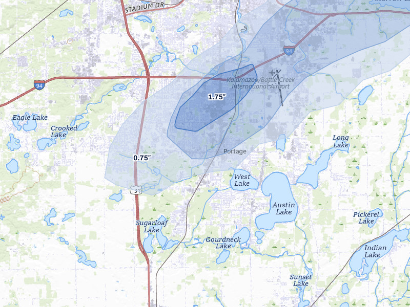 NEXRAD radar-signature map of the hail storm over Portage, MI on Jul 3, 2026