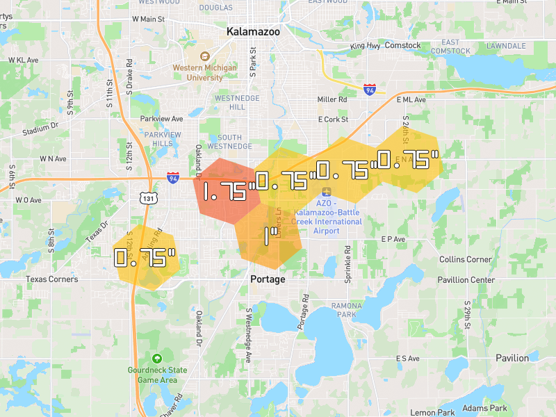 Hail map of Portage, MI on Jul 3, 2026, hail up to 1.75"