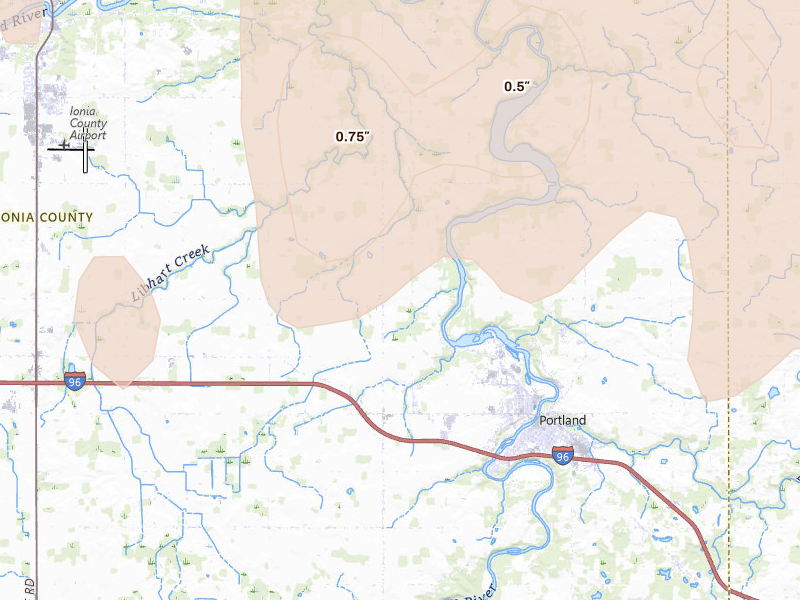Radar-estimated hail-size map of the storm over Portland, MI on May 15, 2026