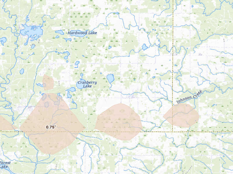 Radar-estimated hail-size map of the storm over Prescott, MI on Mar 30, 2026