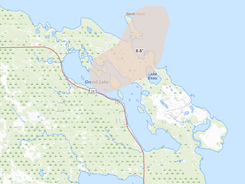 Radar-estimated hail-size map of the storm over Presque Isle, MI on May 18, 2026