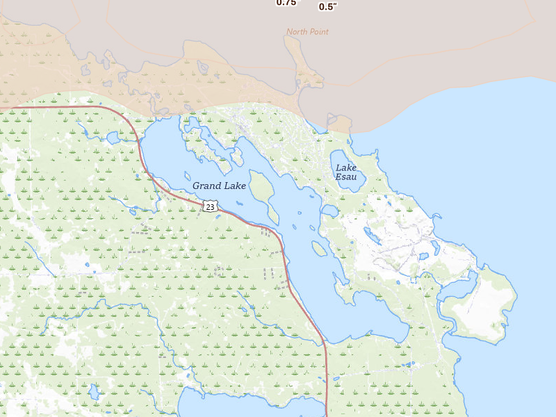 Radar-estimated hail-size map of the storm over Presque Isle, MI on Jun 30, 2026