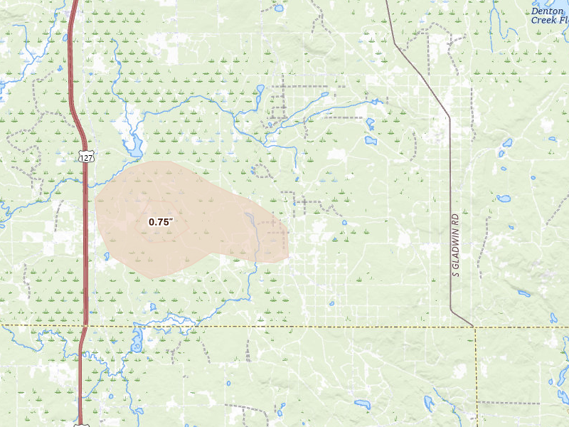 Radar-estimated hail-size map of the storm over Prudenville, MI on Aug 11, 2026