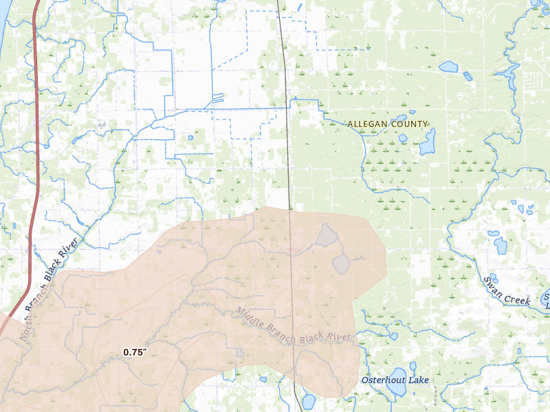 Radar-estimated hail-size map of the storm over Pullman, MI on Jul 2, 2026