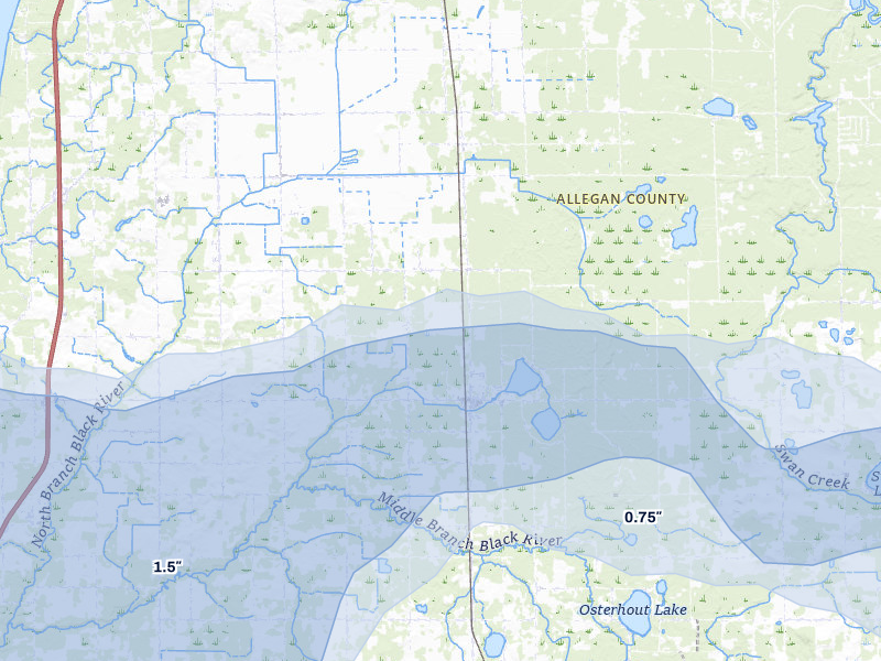 NEXRAD radar-signature map of the hail over Pullman, MI