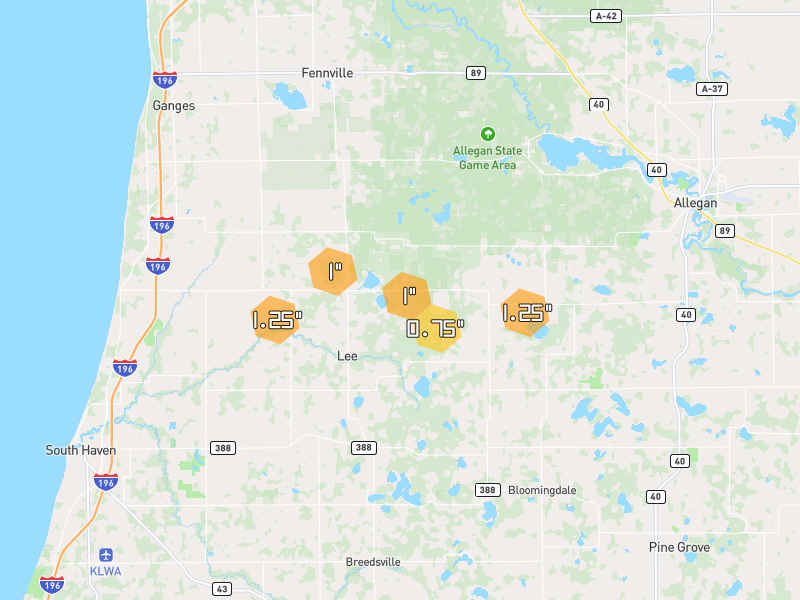 Hail map of Pullman, MI on Jul 3, 2026, hail up to 1.25"