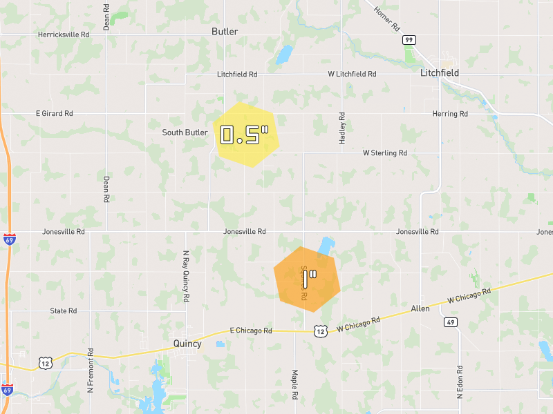 Hail map of Quincy, MI on Jul 3, 2026, hail up to 1"