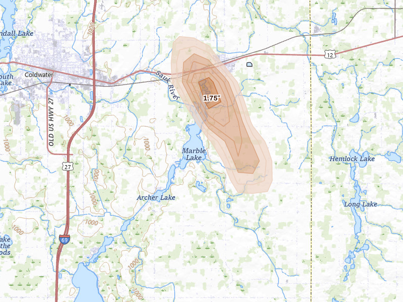 Radar-estimated hail-size map of the storm over Quincy, MI on Jul 27, 2026