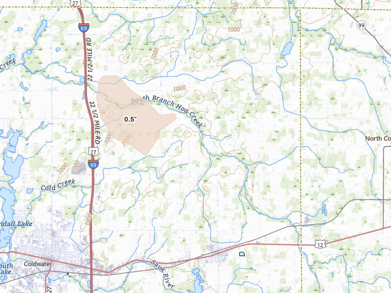 Radar-estimated hail-size map of the storm over Quincy, MI on Sep 3, 2026