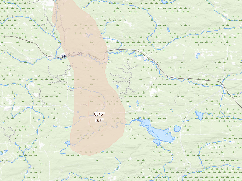 Radar-estimated hail-size map of the storm over Ralph, MI on Jun 24, 2026