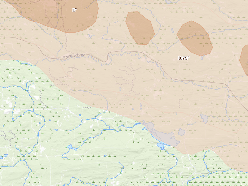 Radar-estimated hail-size map of the storm over Ralph, MI on Jul 20, 2026