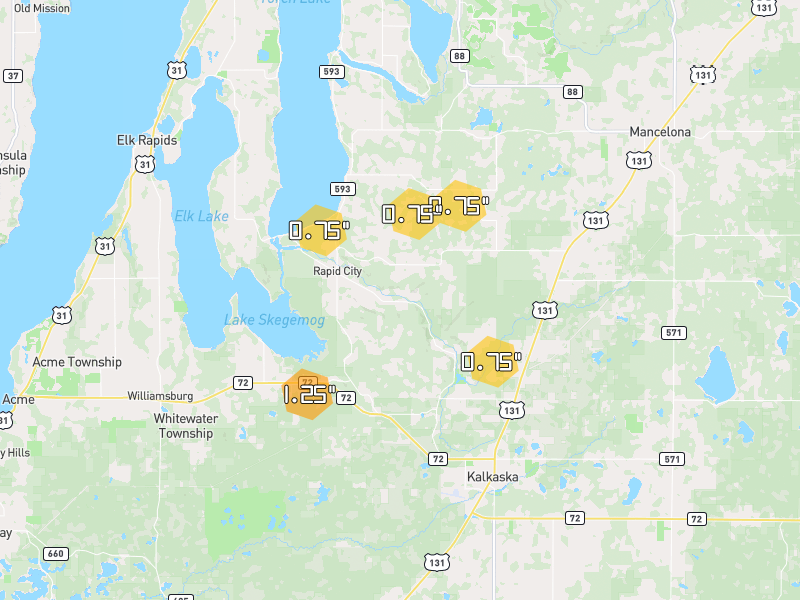 Hail map of Rapid City, MI on Jul 1, 2026, hail up to 1.25"
