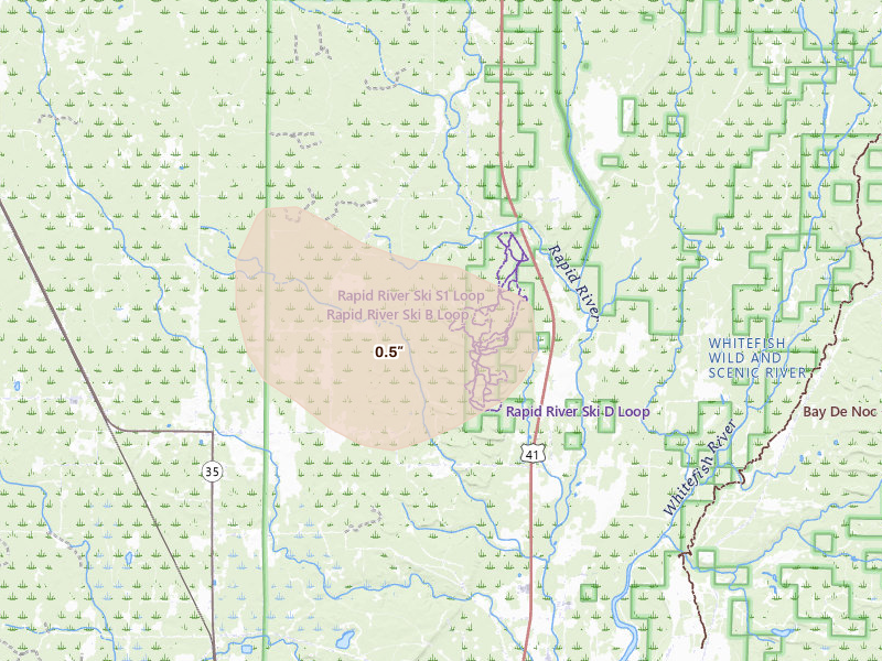 Radar-estimated hail-size map of the storm over Rapid River, MI on Jun 5, 2026