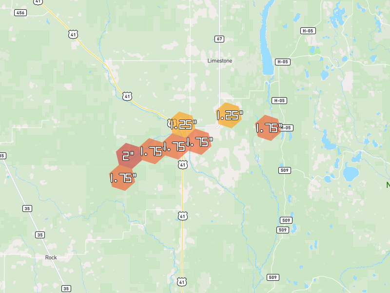 Hail map of Rapid River, MI on Jun 30, 2026, hail up to 2"