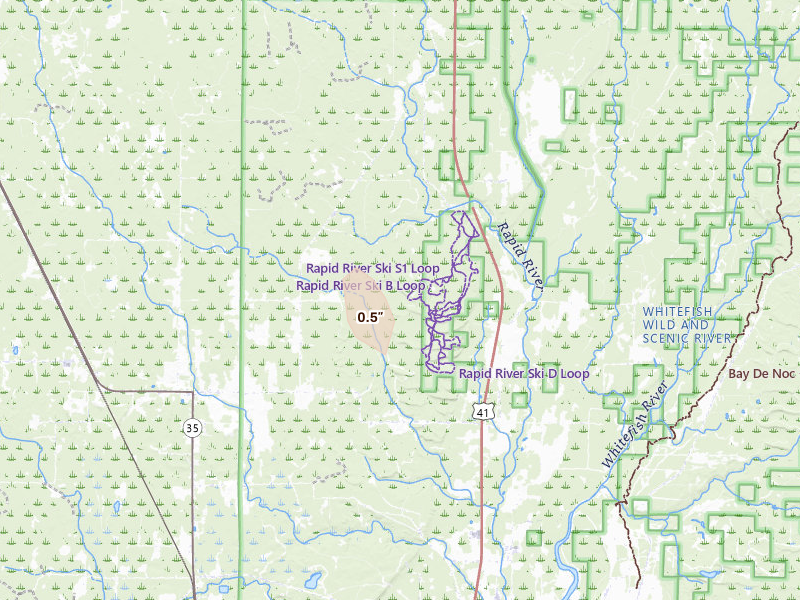 Radar-estimated hail-size map of the storm over Rapid River, MI on Jul 30, 2026