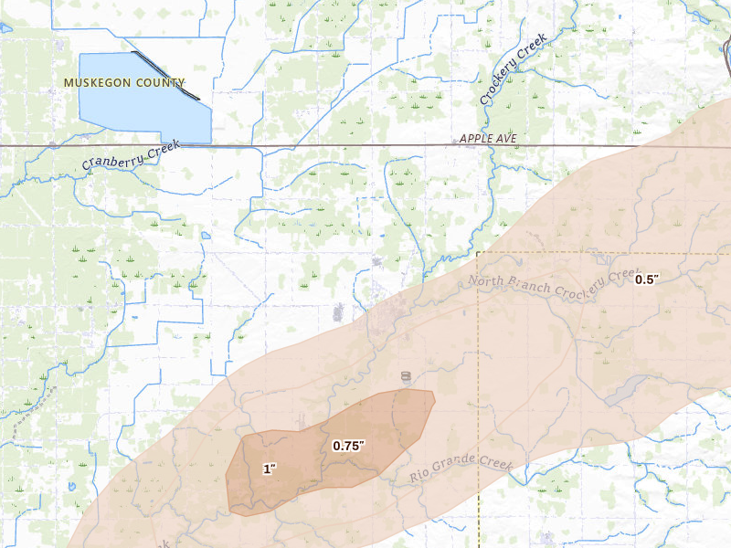 Radar-estimated hail-size map of the storm over Ravenna, MI on Mar 10, 2026