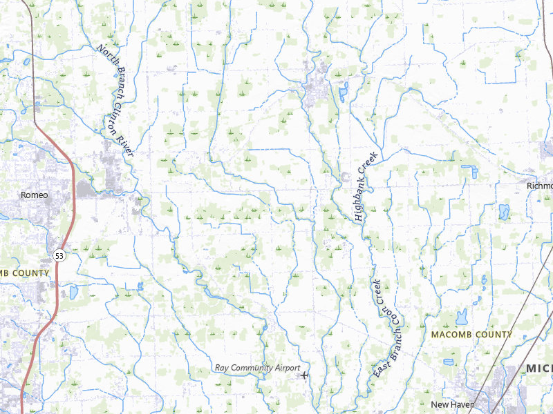 Radar-estimated hail-size map of the storm over Ray, MI on May 18, 2026