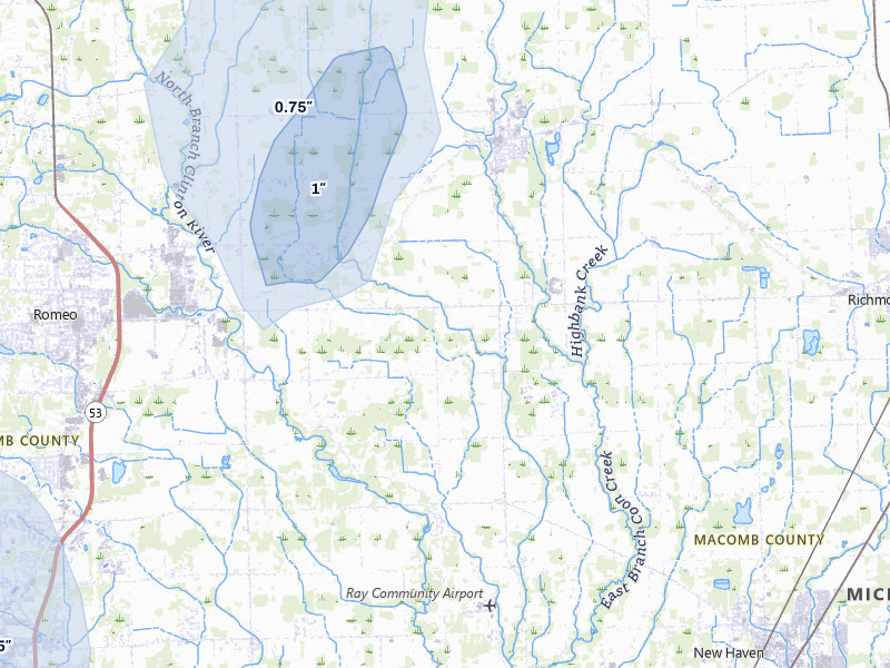NEXRAD radar-signature map of the hail storm over Ray, MI on May 18, 2026