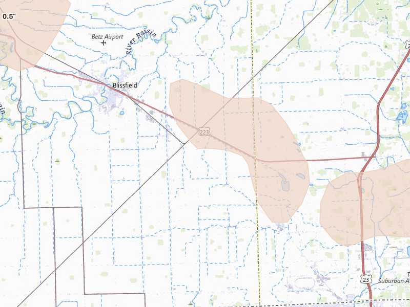 Radar-estimated hail-size map of the storm over Riga, MI on Mar 26, 2026