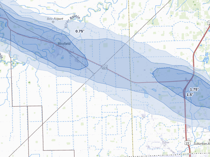 NEXRAD radar-signature map of the hail storm over Riga, MI on Mar 26, 2026