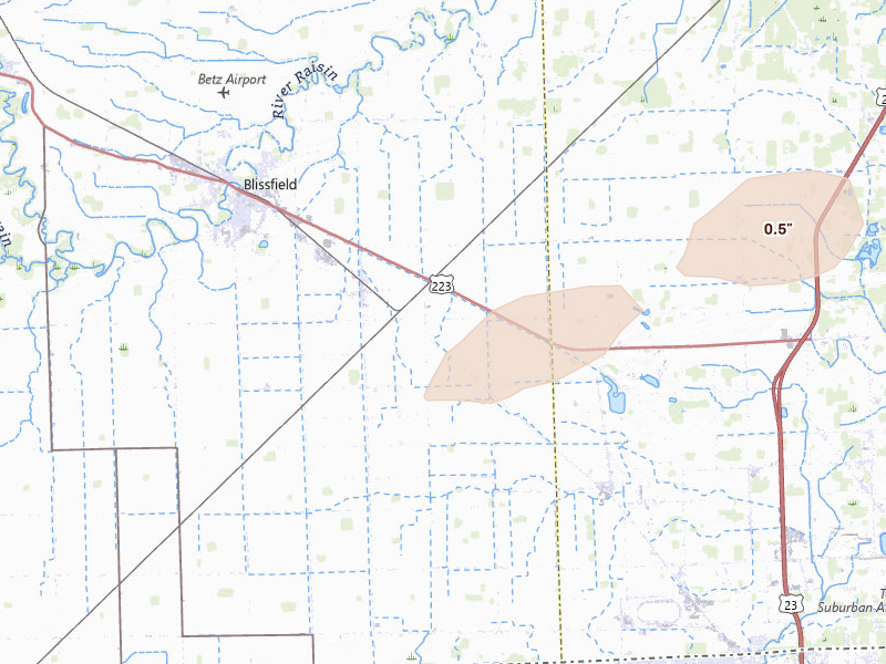 Radar-estimated hail-size map of the storm over Riga, MI on Apr 15, 2026