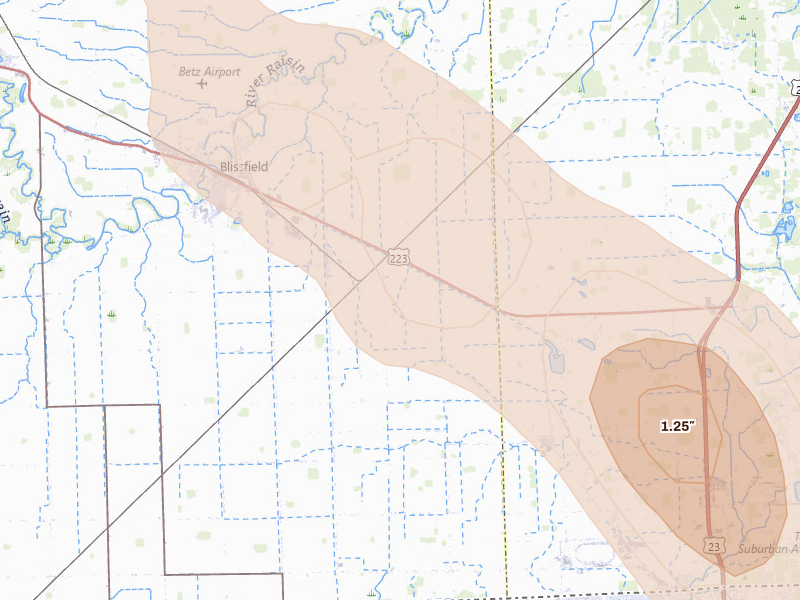 Radar-estimated hail-size map of the storm over Riga, MI on Jul 27, 2026