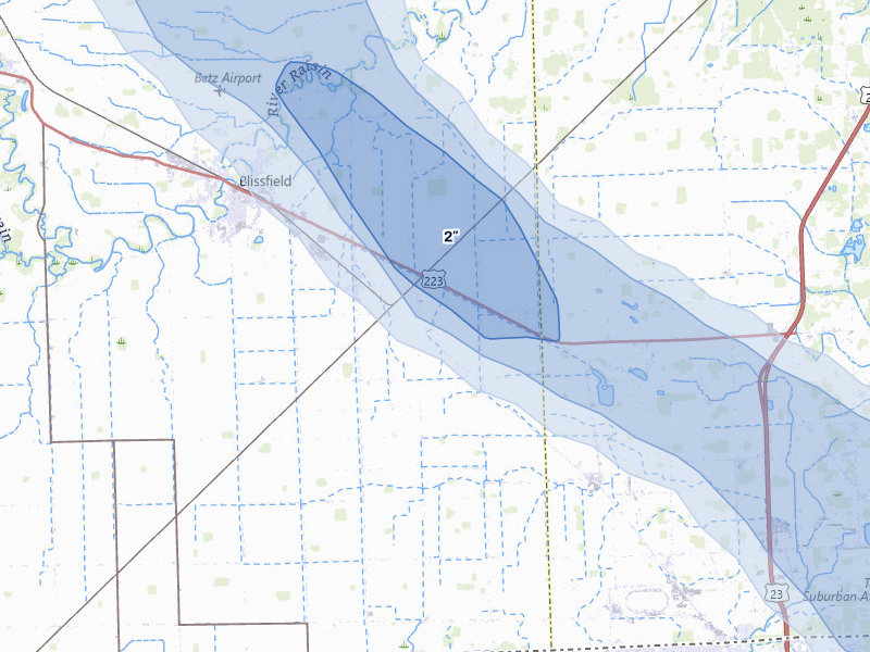 NEXRAD radar-signature map of the hail storm over Riga, MI on Jul 27, 2026