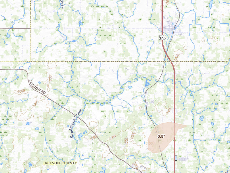 Radar-estimated hail-size map of the storm over Rives Junction, MI on Jul 3, 2026