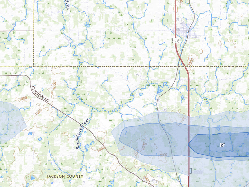 NEXRAD radar-signature map of the hail storm over Rives Junction, MI on Jul 3, 2026