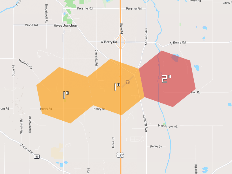 Hail map of Rives Junction, MI on Jul 3, 2026, hail up to 2"