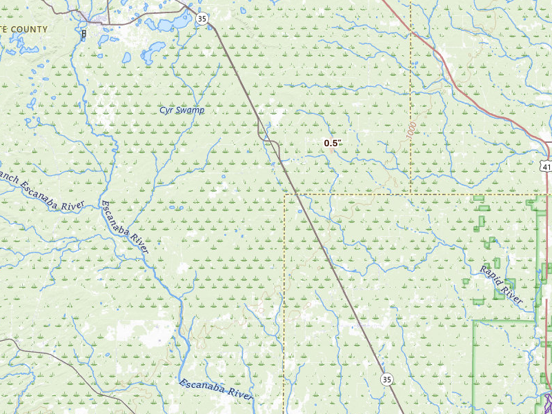 Radar-estimated hail-size map of the storm over Rock, MI on Jun 16, 2026