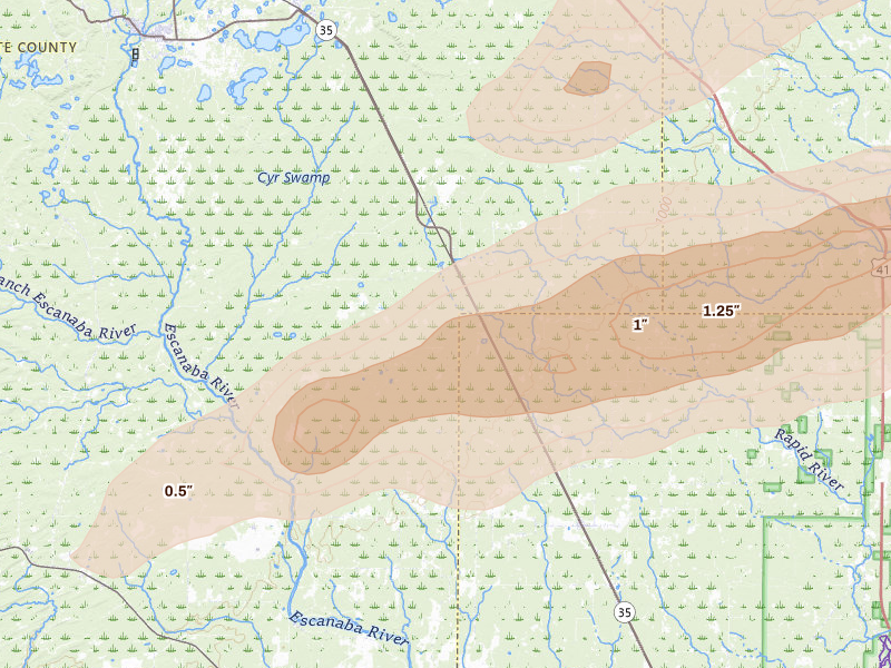 Radar-estimated hail-size map of the storm over Rock, MI on Jun 30, 2026