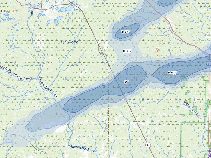 NEXRAD radar-signature map of the hail storm over Rock, MI on Jun 30, 2026