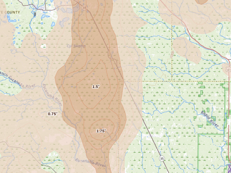Radar-estimated hail-size map of the storm over Rock, MI on Jul 12, 2026