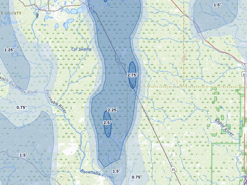 NEXRAD radar-signature map of the hail storm over Rock, MI on Jul 12, 2026