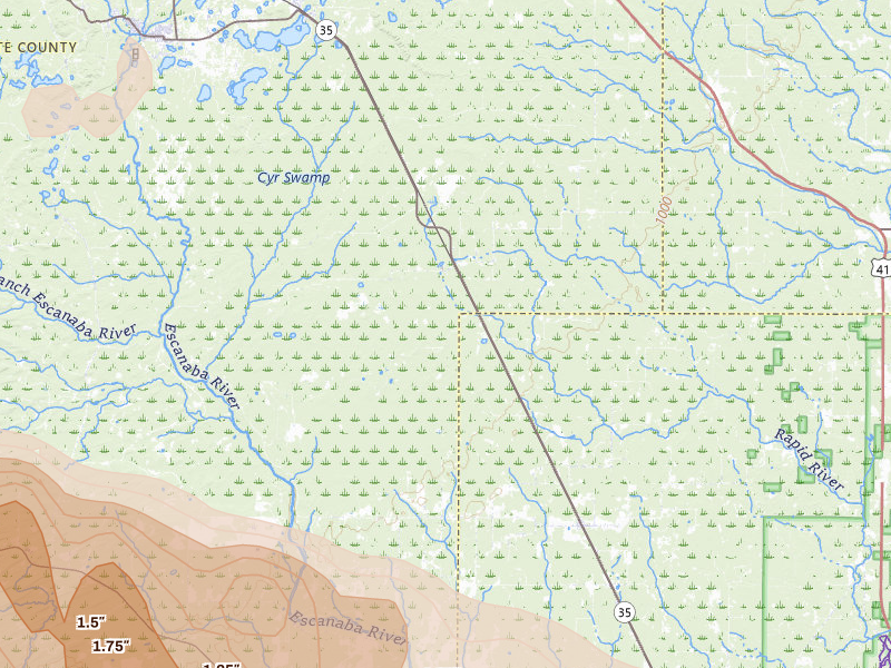 Radar-estimated hail-size map of the storm over Rock, MI on Jul 20, 2026
