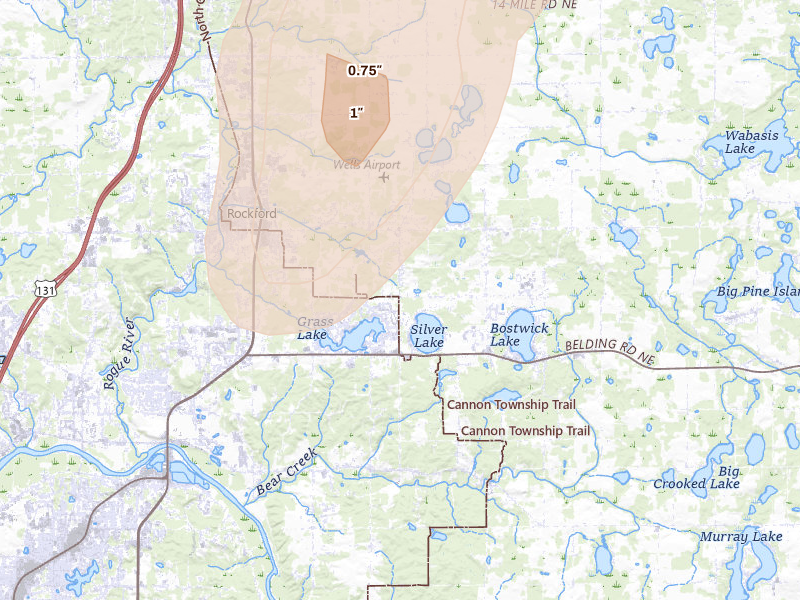 Radar-estimated hail-size map of the storm over Rockford, MI on Jun 16, 2026