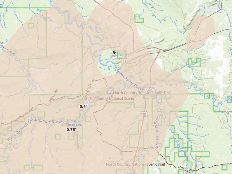 Radar-estimated hail-size map of the storm over Rockland, MI