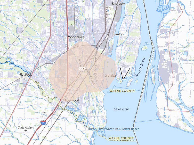 Radar-estimated hail-size map of the storm over Rockwood, MI on Jul 3, 2026