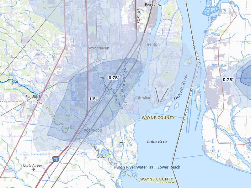 NEXRAD radar-signature map of the hail storm over Rockwood, MI on Jul 3, 2026