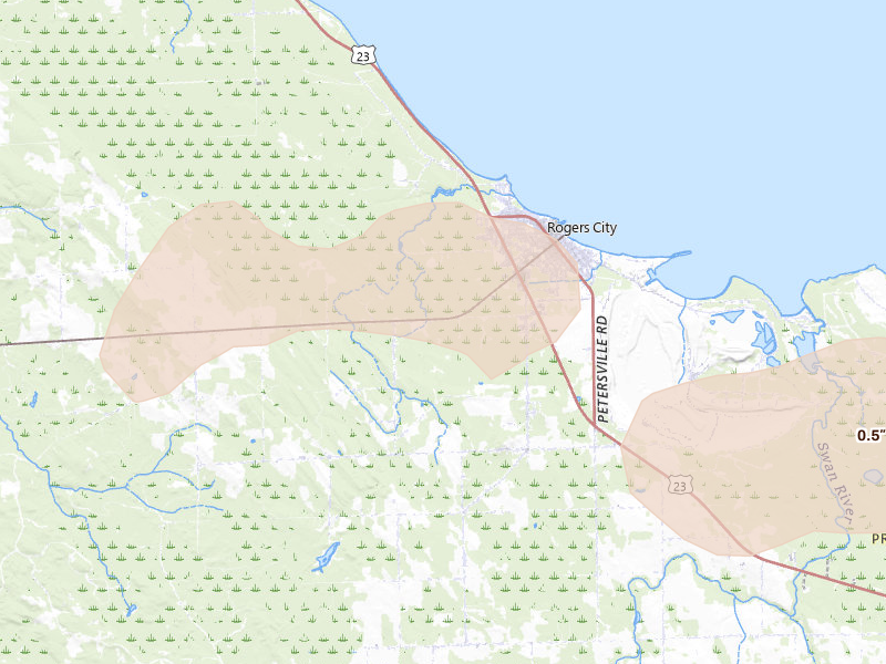 Radar-estimated hail-size map of the storm over Rogers City, MI on Jun 30, 2026