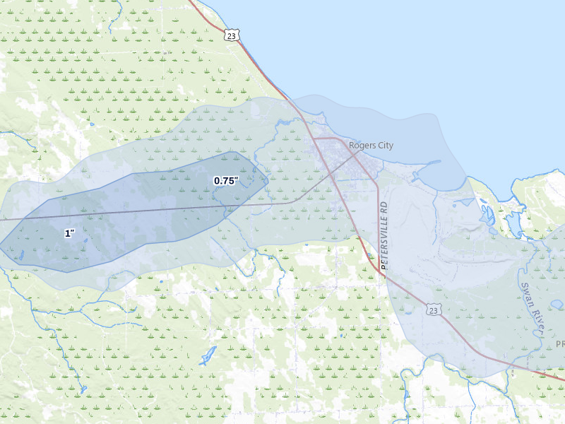NEXRAD radar-signature map of the hail over Rogers City, MI