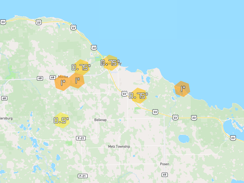 Hail map of Rogers City, MI on Jul 1, 2026, hail up to 1"