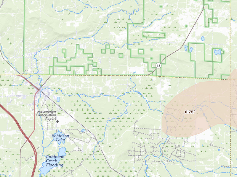 Radar-estimated hail-size map of the storm over Roscommon, MI on Jun 16, 2026
